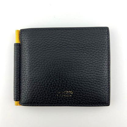 TOM FORD Money Clip Bi-fold Wallet Flap Compact Purse Leather Black Authentic