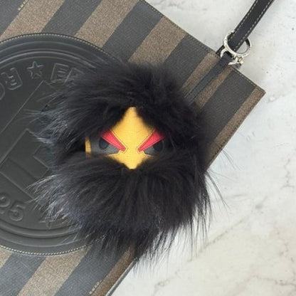 FENDI Bag Charm Key Holder Monster Bugs Eye Strap Leather Black Yellow Authentic