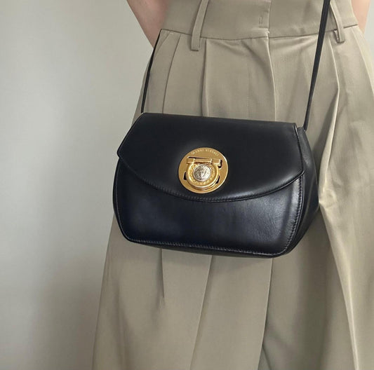 GIANNI VERSACE Shoulder Bag Purse Medusa Leather Dark Navy Women's Auth Used