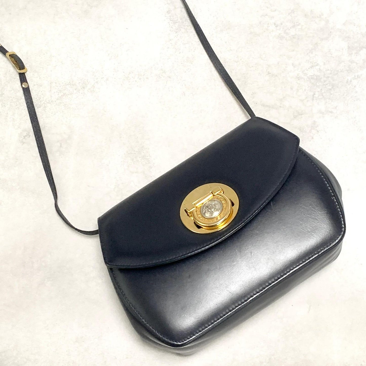 GIANNI VERSACE Shoulder Bag Purse Medusa Leather Dark Navy Women's Auth Used
