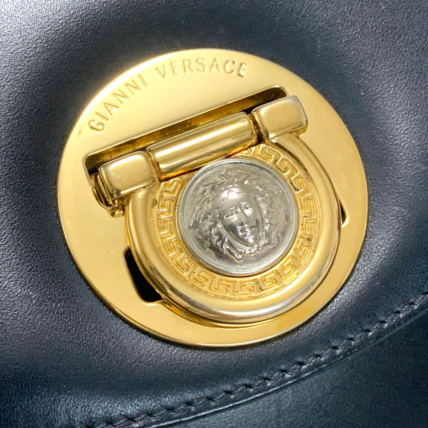 GIANNI VERSACE Shoulder Bag Purse Medusa Leather Dark Navy Women's Auth Used