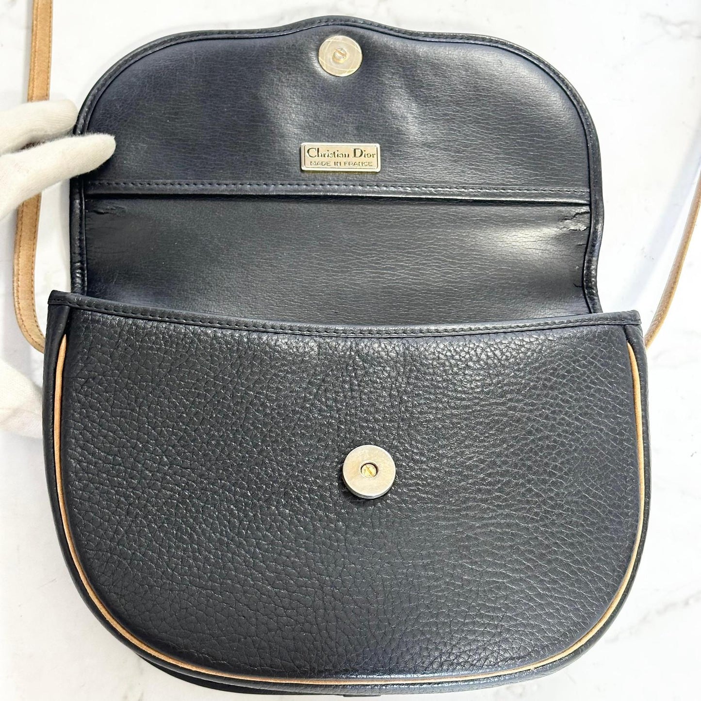 Christian Dior Shoulder Bag Purse CD Women’s Black Beige Leather Used Authentic