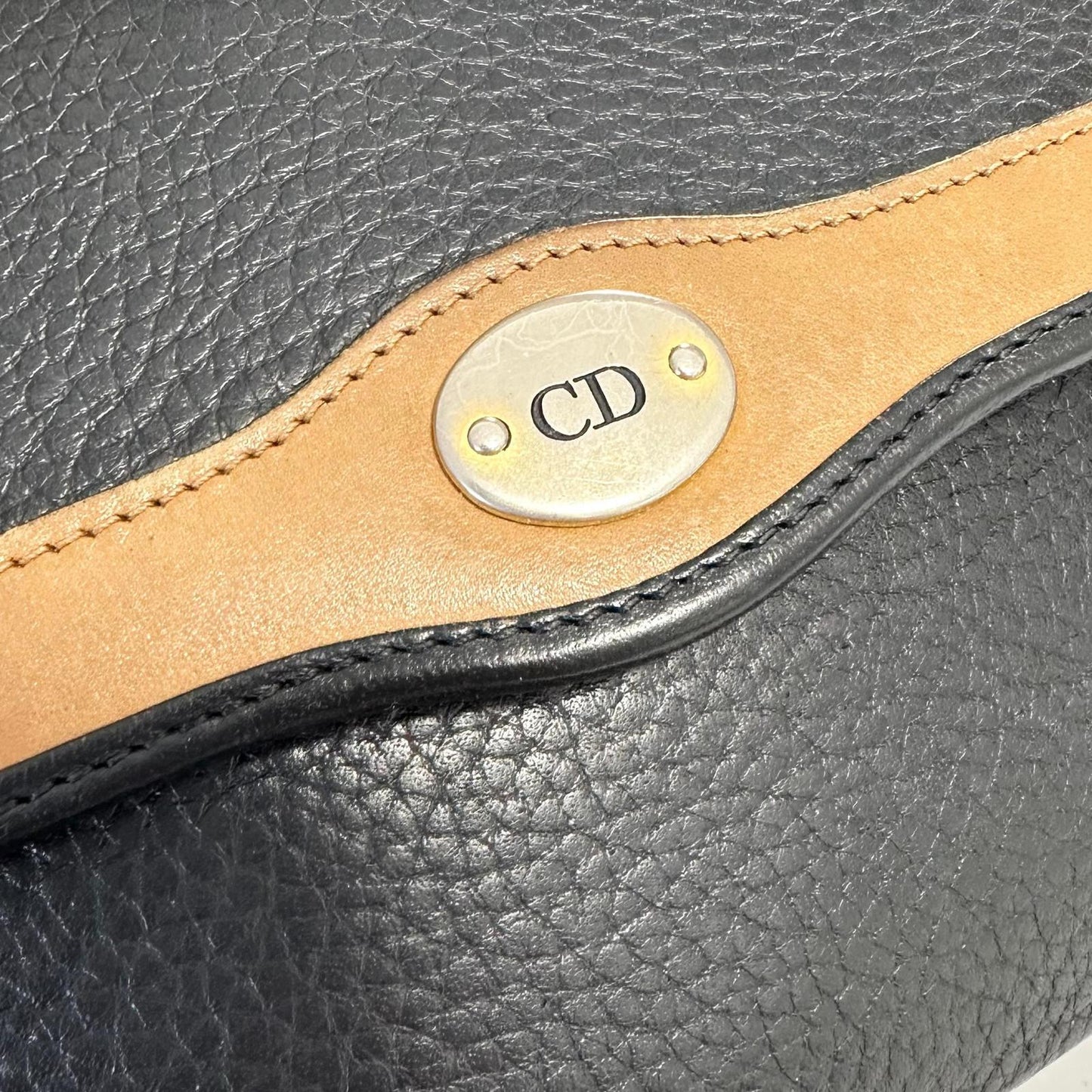 Christian Dior Shoulder Bag Purse CD Women’s Black Beige Leather Used Authentic