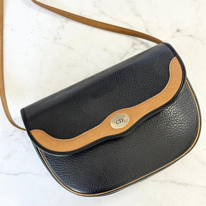 Christian Dior Shoulder Bag Purse CD Women’s Black Beige Leather Used Authentic