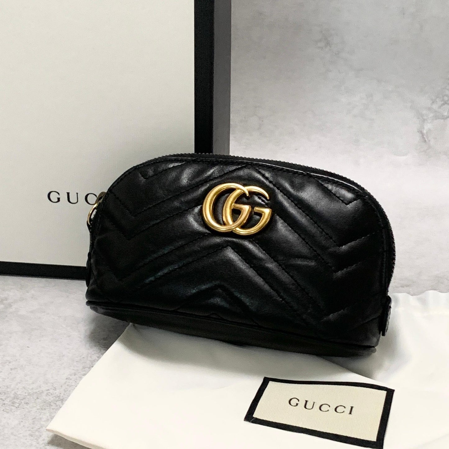 GUCCI Cosmetic Pouch GG Marmont Quilted Purse Leather Black Used Authentic