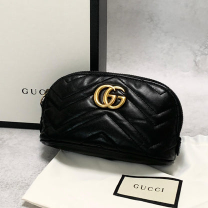 GUCCI Cosmetic Pouch GG Marmont Quilted Purse Leather Black Used Authentic
