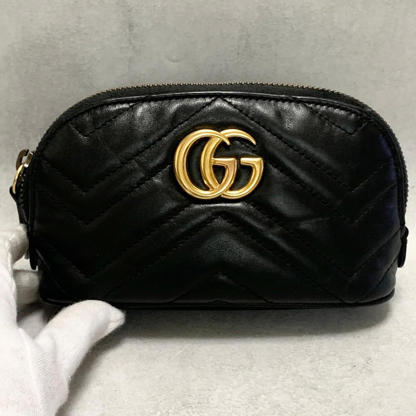 GUCCI Cosmetic Pouch GG Marmont Quilted Purse Leather Black Used Authentic