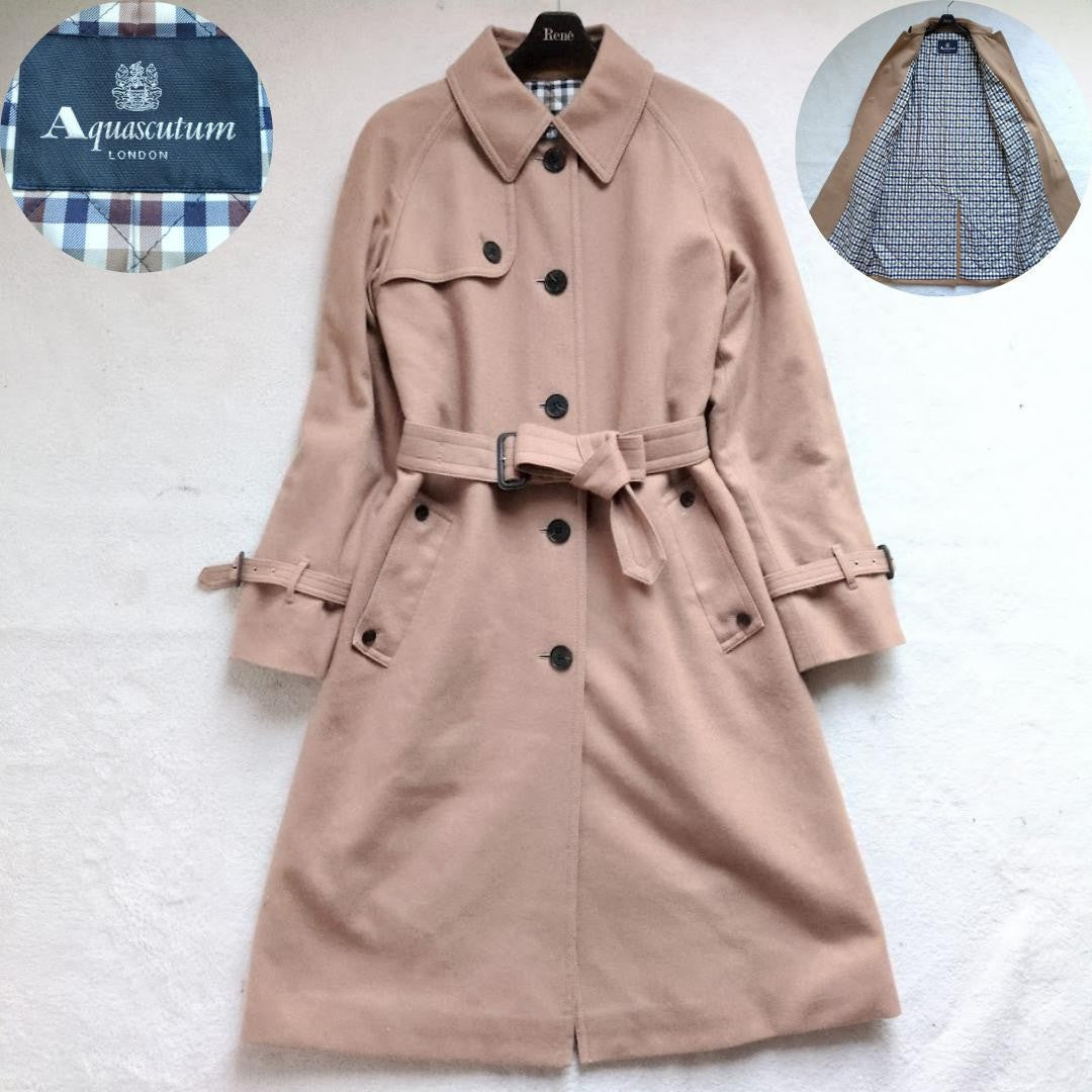 Aquascutum Long Coat Club Check Asian fit M US size S Beige Authentic