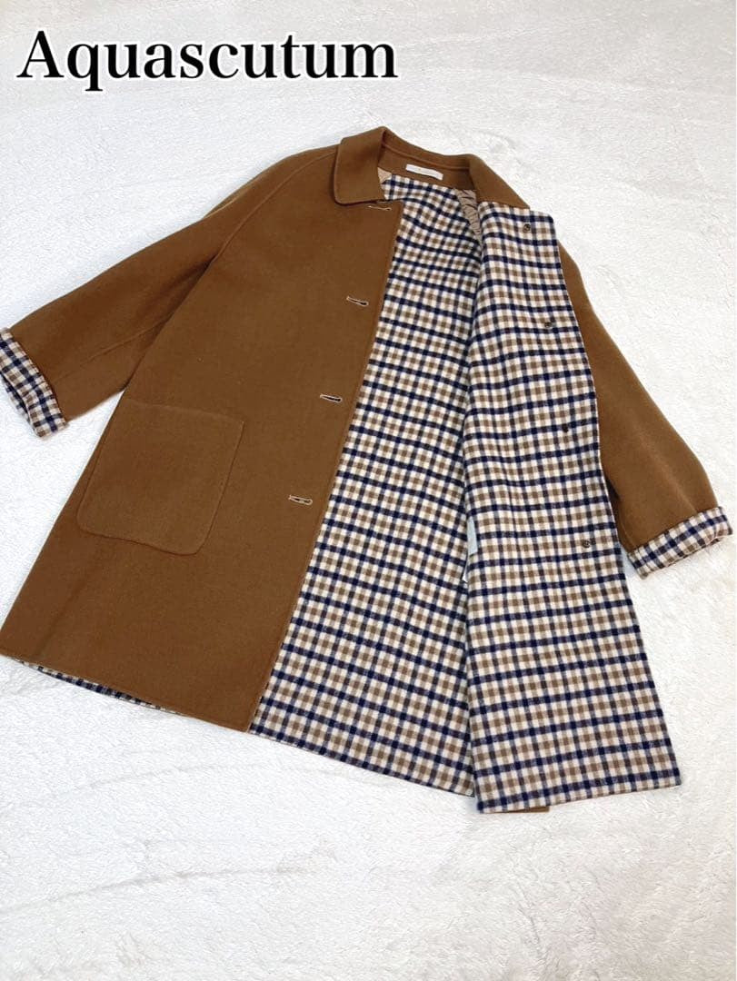 Aquascutum Coat Club Check Asian fit M US size S Camel Authentic