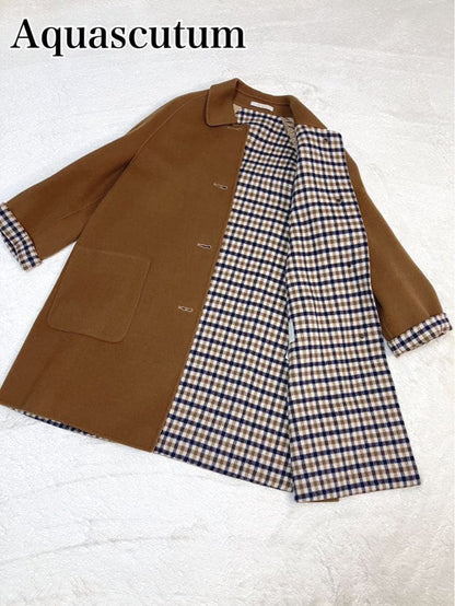 Aquascutum Coat Club Check Asian fit M US size S Camel Authentic