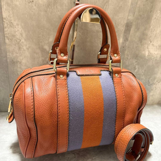GUCCI Mini Boston Bag 2way Sherry Line Leather Orange Authentic