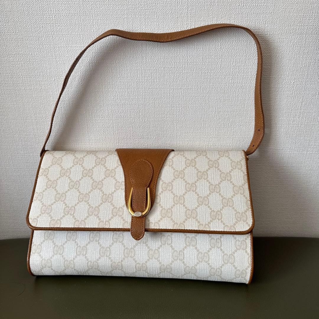 GUCCI Shoulder Bag Purse Old GG White Brown Authentic