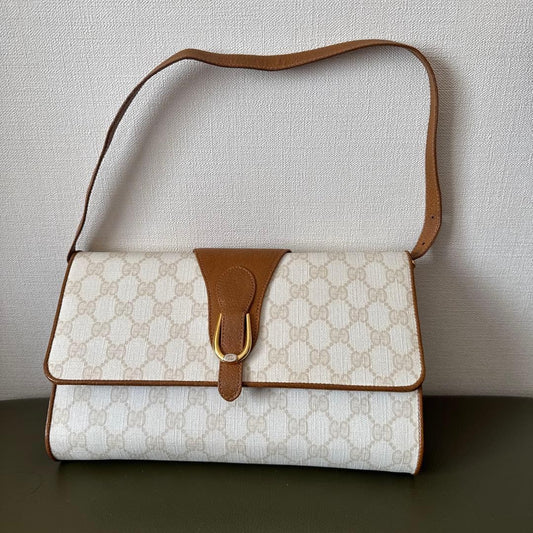 GUCCI Shoulder Bag Purse Old GG White Brown Authentic