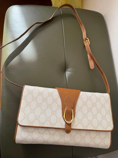 GUCCI Shoulder Bag Purse Old GG White Brown Authentic