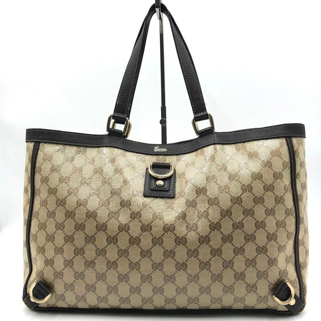 GUCCI Hand Bag Tote Purse GG Crystal PVC Canvas Leather Dark Brown Authentic