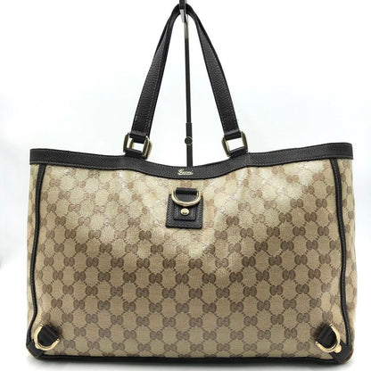 GUCCI Hand Bag Tote Purse GG Crystal PVC Canvas Leather Dark Brown Authentic
