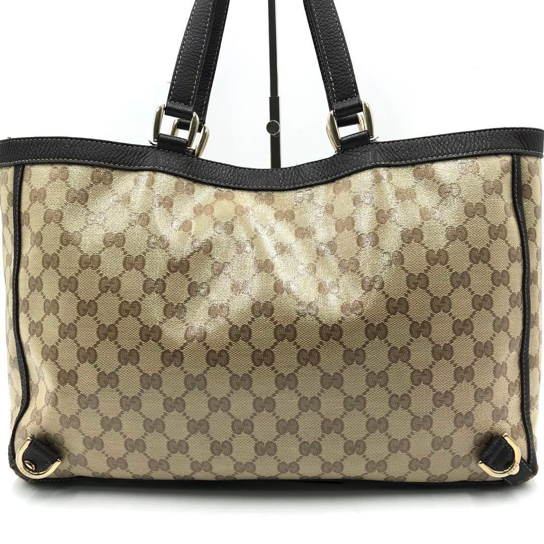 GUCCI Hand Bag Tote Purse GG Crystal PVC Canvas Leather Dark Brown Authentic