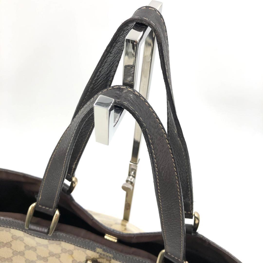 GUCCI Hand Bag Tote Purse GG Crystal PVC Canvas Leather Dark Brown Authentic