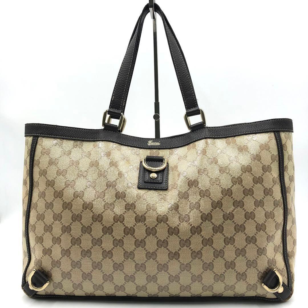 GUCCI Hand Bag Tote Purse GG Crystal PVC Canvas Leather Dark Brown Authentic
