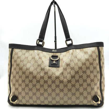 GUCCI Hand Bag Tote Purse GG Crystal PVC Canvas Leather Dark Brown Authentic