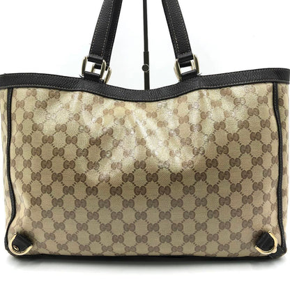GUCCI Hand Bag Tote Purse GG Crystal PVC Canvas Leather Dark Brown Authentic