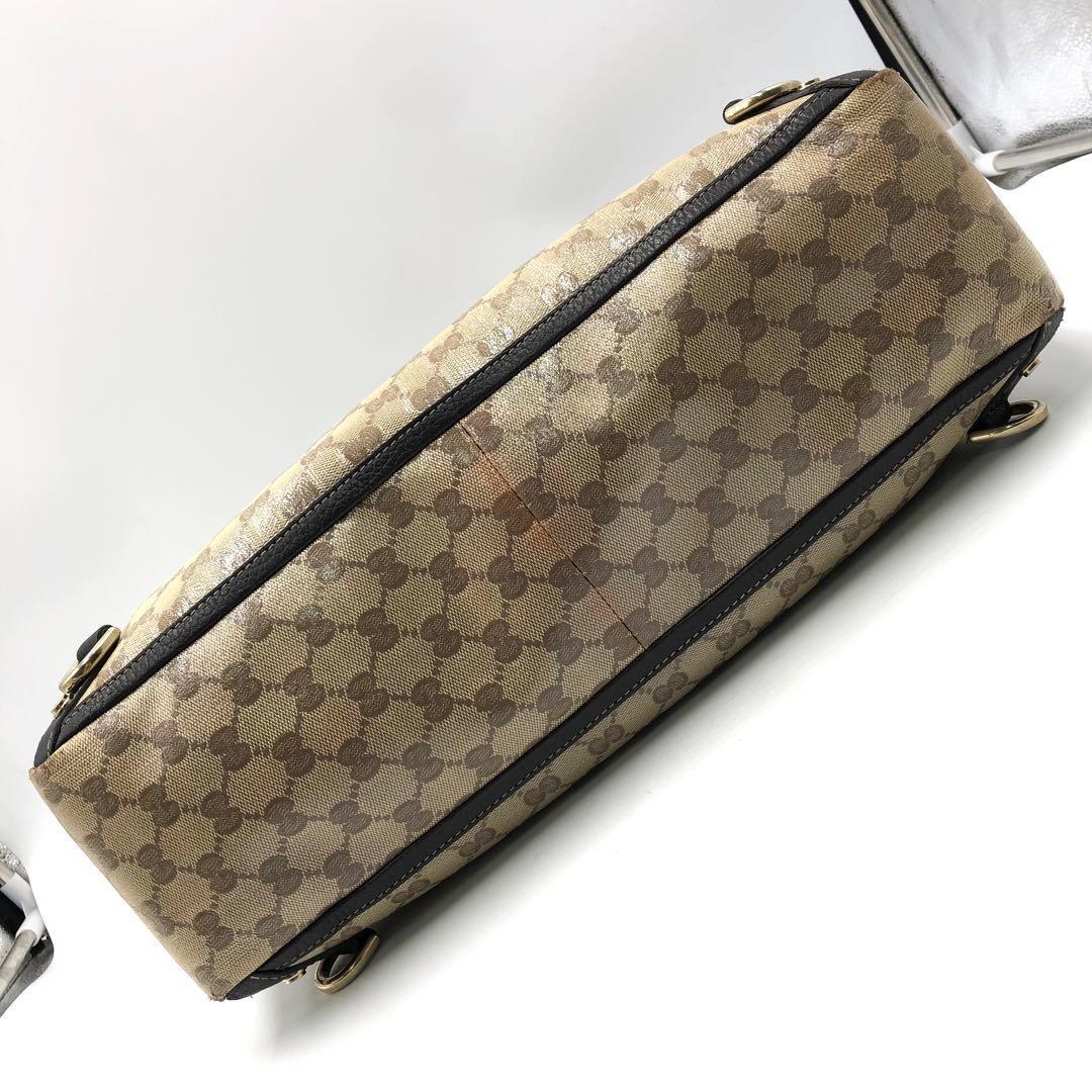 GUCCI Hand Bag Tote Purse GG Crystal PVC Canvas Leather Dark Brown Authentic
