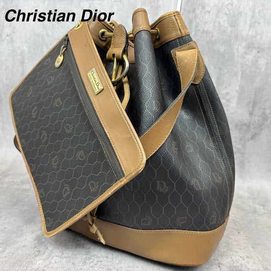 Christian Dior Shoulder Bag Purse Honeycomb PVC Leather Black Brown Authentic