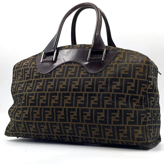 FENDI Hand Bag Tote Purse Boston Bag FF Zucca Canvas Leather Brown Authentic