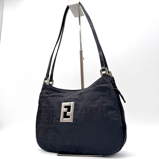 FENDI Hand Shoulder Bag Tote Purse FF Zucca Nylon Black Authentic