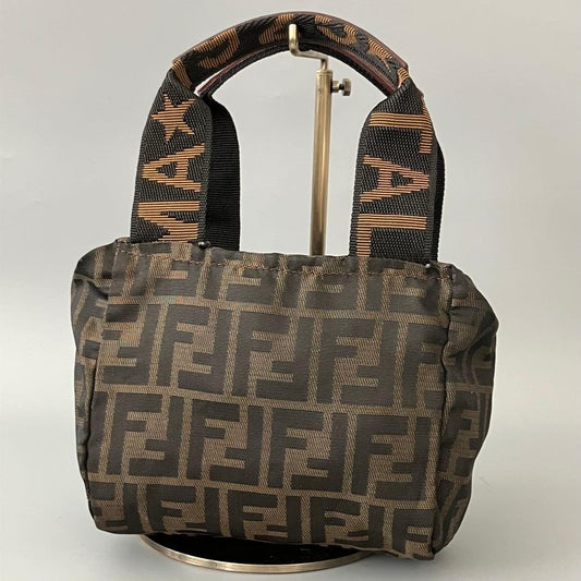 FENDI Mini Hand Bag Tote Purse FF Zucca Nylon Canvas Dark Brown Authentic