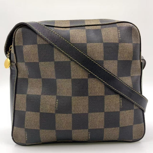 FENDI Shoulder Bag Purse Pecan PVC Leather Beige Black Authentic