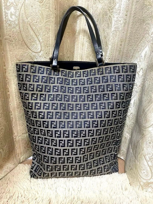 FENDI Hand Bag Tote Purse FF Zucchino Nylon Jacquard Leather Gray Navy Authentic