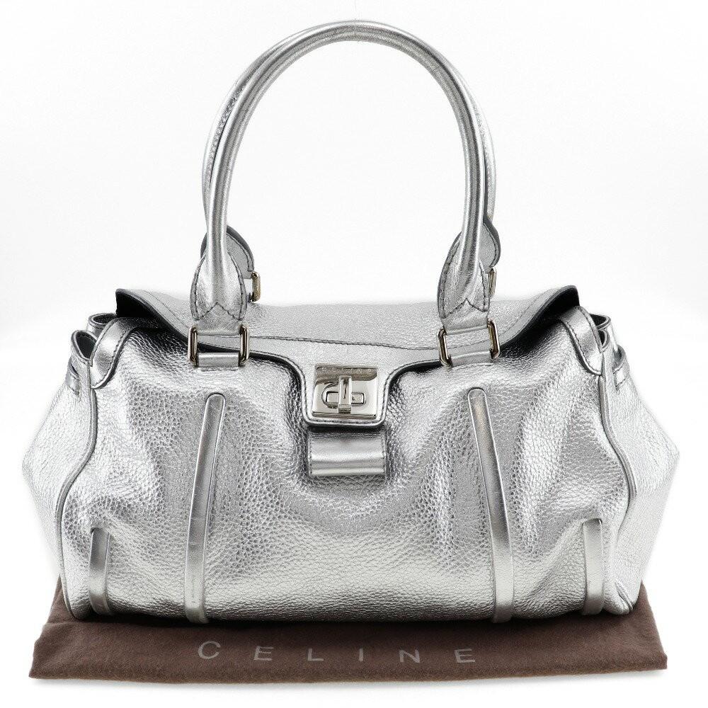 CELINE Hand Bag Tote Purse Logo Leather Silver Authentic
