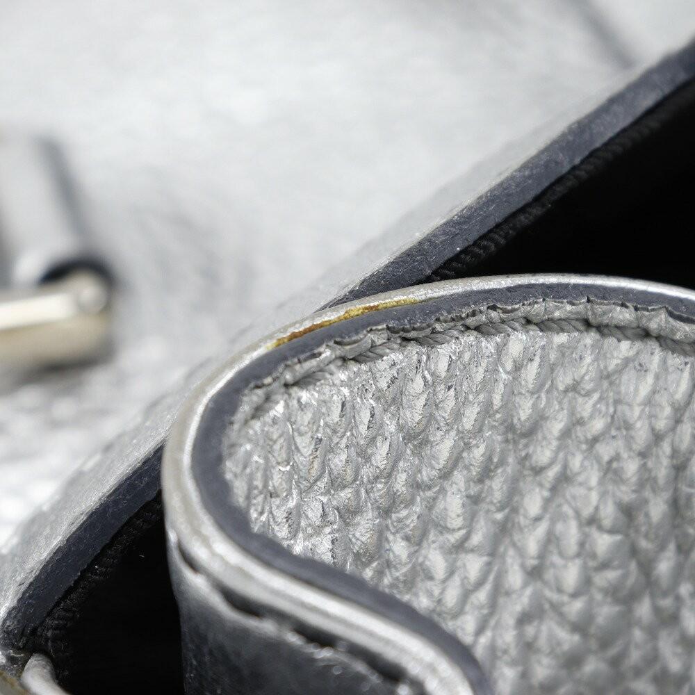 CELINE Hand Bag Tote Purse Logo Leather Silver Authentic