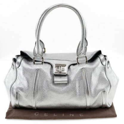 CELINE Hand Bag Tote Purse Logo Leather Silver Authentic