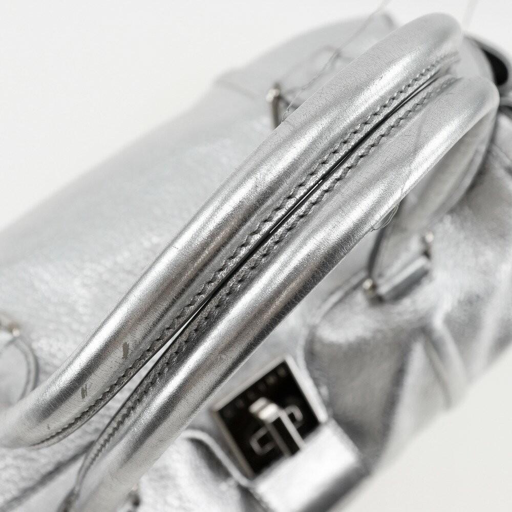 CELINE Hand Bag Tote Purse Logo Leather Silver Authentic