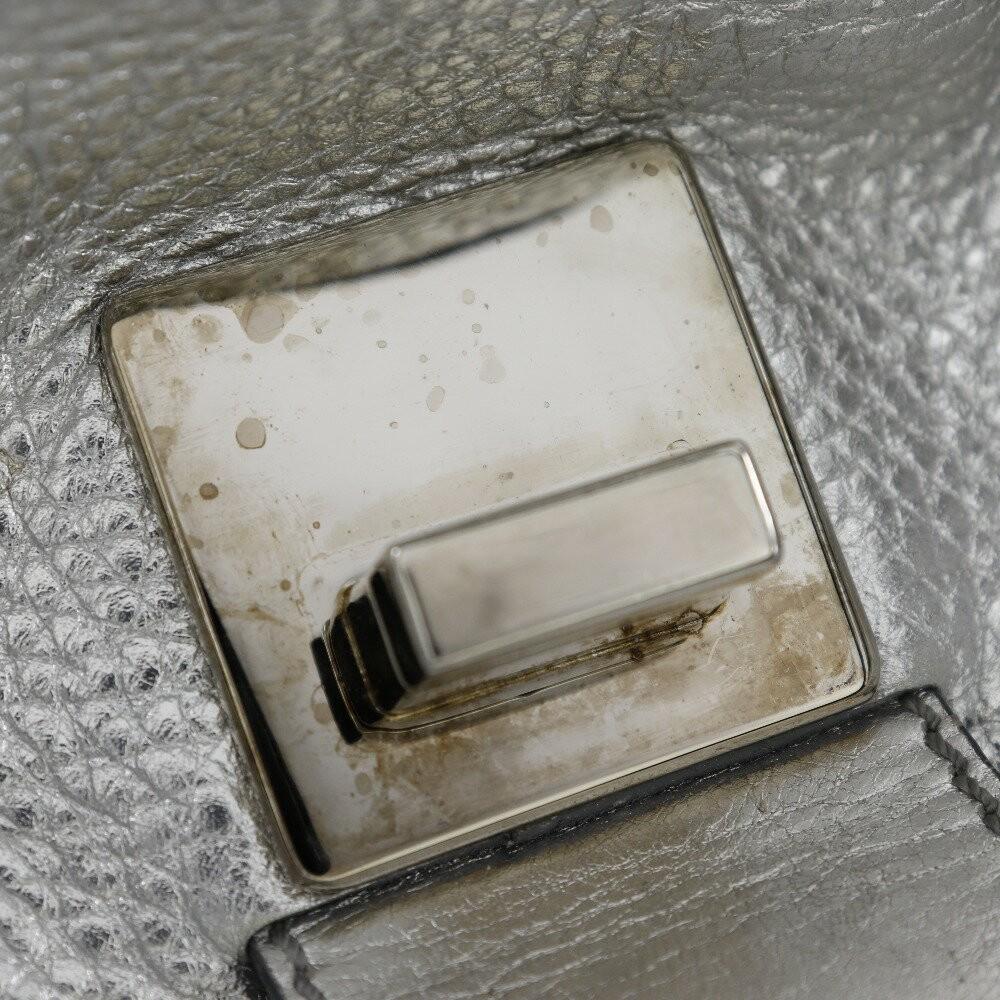 CELINE Hand Bag Tote Purse Logo Leather Silver Authentic