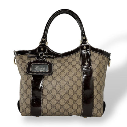 GUCCI Hand Bag Tote Purse GG Supreme PVC Patent Leather Beige Brown Authentic