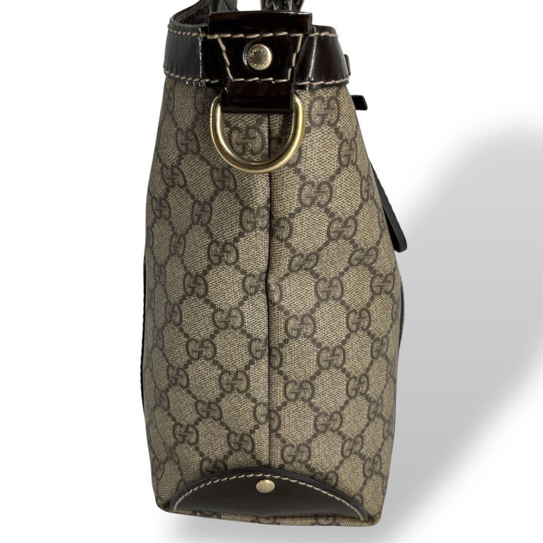 GUCCI Hand Bag Tote Purse GG Supreme PVC Patent Leather Beige Brown Authentic