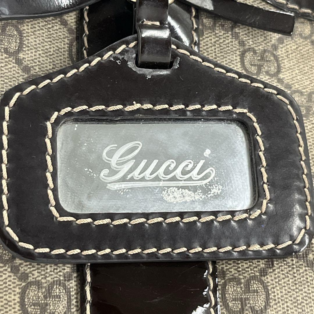 GUCCI Hand Bag Tote Purse GG Supreme PVC Patent Leather Beige Brown Authentic