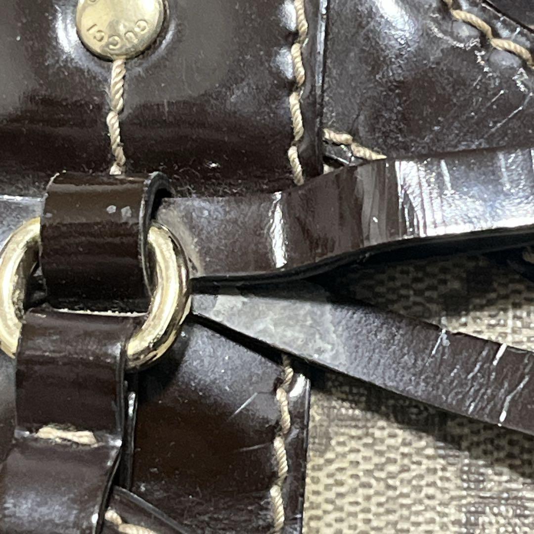 GUCCI Hand Bag Tote Purse GG Supreme PVC Patent Leather Beige Brown Authentic