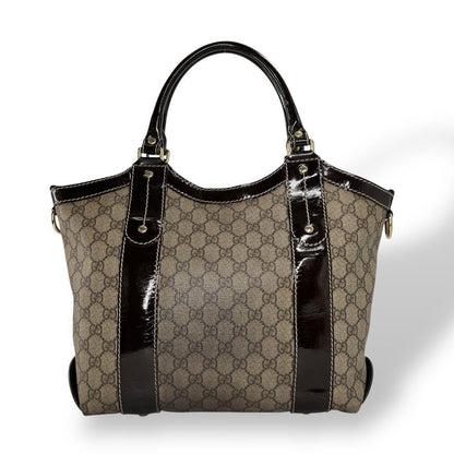 GUCCI Hand Bag Tote Purse GG Supreme PVC Patent Leather Beige Brown Authentic