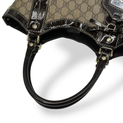 GUCCI Hand Bag Tote Purse GG Supreme PVC Patent Leather Beige Brown Authentic