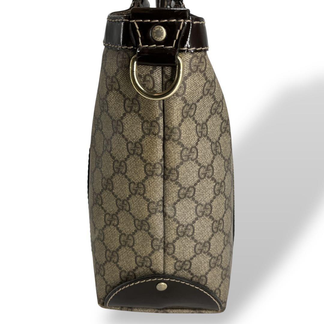 GUCCI Hand Bag Tote Purse GG Supreme PVC Patent Leather Beige Brown Authentic