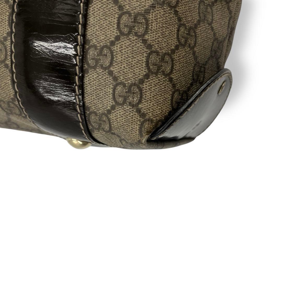GUCCI Hand Bag Tote Purse GG Supreme PVC Patent Leather Beige Brown Authentic