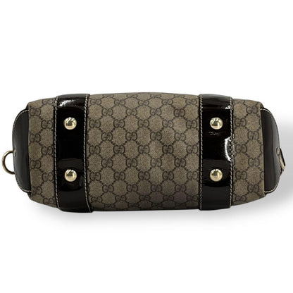 GUCCI Hand Bag Tote Purse GG Supreme PVC Patent Leather Beige Brown Authentic