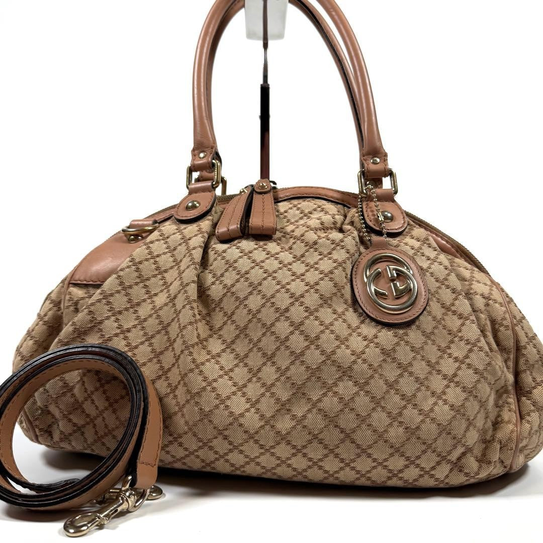 GUCCI Hand Shoulder Bag Tote Purse 2way Diamante Canvas Leather Beige Authentic