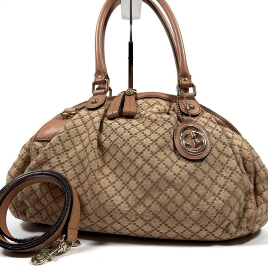 GUCCI Hand Shoulder Bag Tote Purse 2way Diamante Canvas Leather Beige Authentic