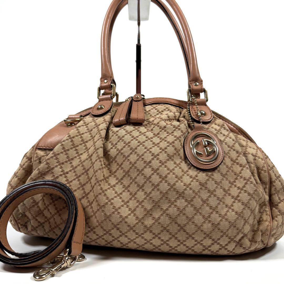 GUCCI Hand Shoulder Bag Tote Purse 2way Diamante Canvas Leather Beige Authentic