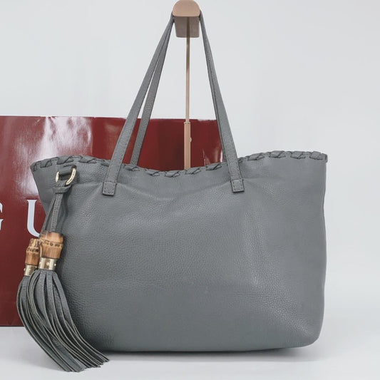 GUCCI Hand Bag Tote Purse Bamboo Leather Gray Authentic